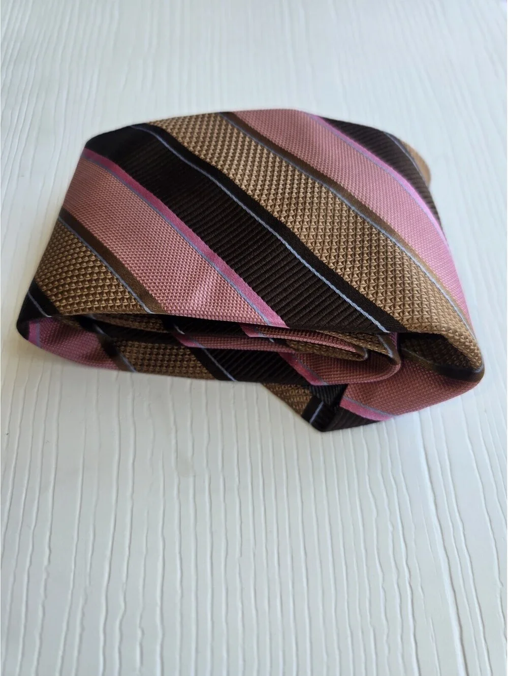 XMI Platinum Pink Brown Striped 100% Silk Men's Necktie